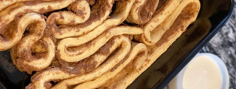 Closeup of cinnamon buns shaped to look like brains.