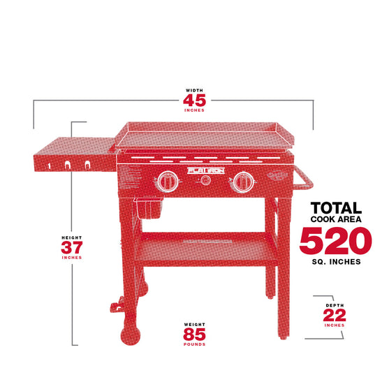 2-Burner Flat Iron® Gas Griddle with Lid Spec Image