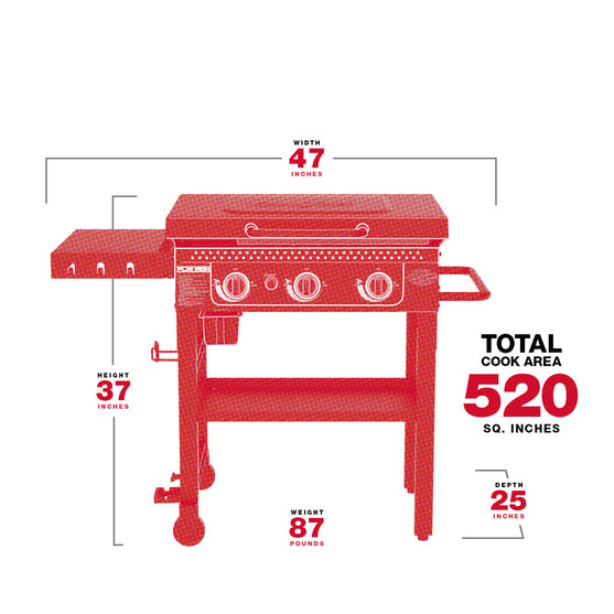 3-Burner Flat Iron® Gas Griddle (Black) Spec Image