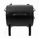 Char-Griller Portable Pro tabletop grill and side fire box. Closed black grill on a white background. Grill stands on 4 legs and has 1 handle on the left side, 1 handle on the front of the lid, and 2 handles on the right side.