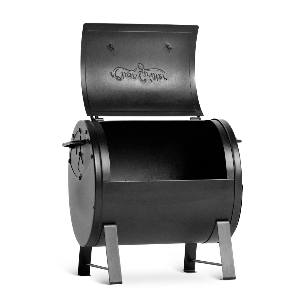 Portable Pro with the lid open. The lid is the top half of the front of the grill. The grill is angled slightly to show the damper on the left side and the 4 legs. The 2 legs on each side have a brace mounted between them.