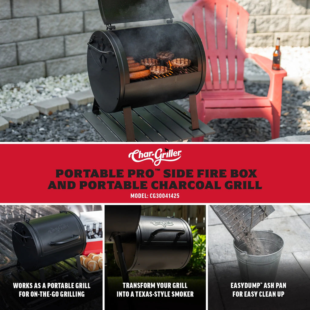 Char-Griller Portable Pro Side Fire Box and Portable Charcoal Grill. Model CB30041425. Works as a portable grill for on-the-go grilling. Transform your grill into a Texas-style smoker. EasyDump ash pan for easy cleanup.