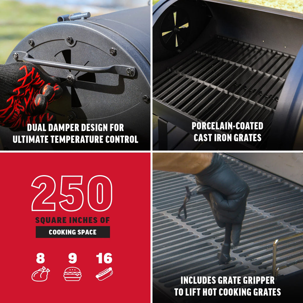 Dual damper design for ultimate temperature control. Porcelain-coated cast iron grates. 250 square inches of cooking space. Includes grate gripper to lift hot cooking grates.