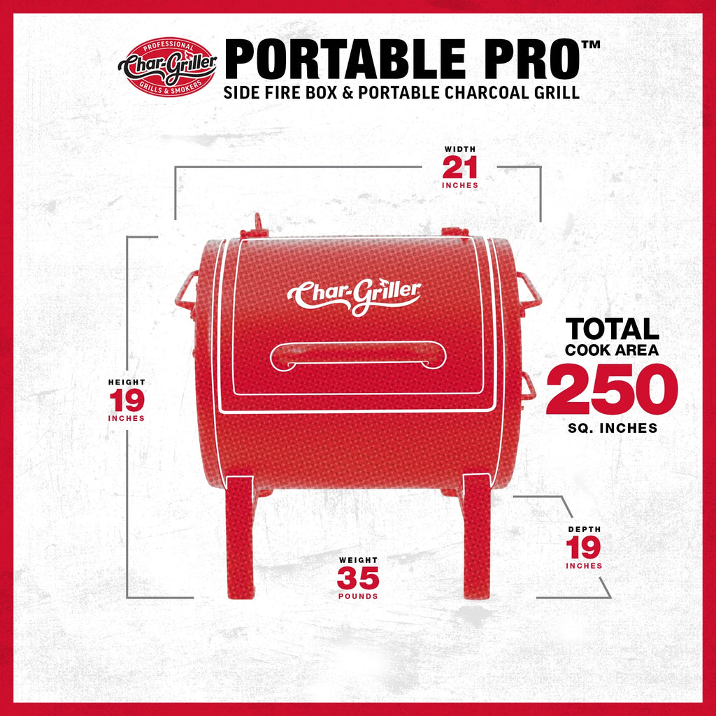 Total cook area: 250 square inches. Width: 21 inches. Height: 19 inches. Depth: 19 inches. Weight: 35 pounds.