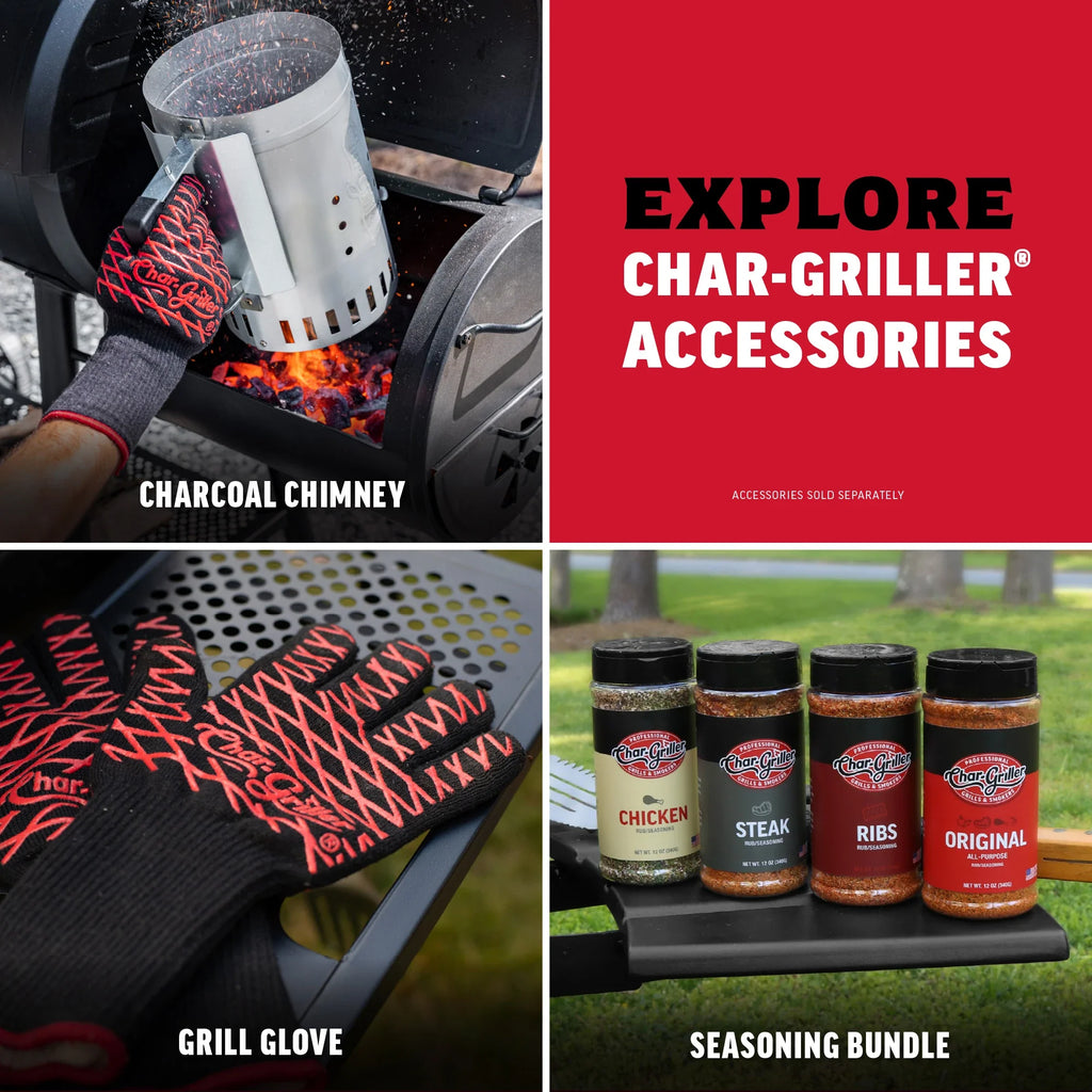 Explore Char-Griller Accessories (sold separately). Charcoal chimney, grill glove, seasoning bundle.