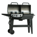 An open Dual Fuel Pro grill. Each side has its own lid and warming rack. Gas side has 3 burner control knobs on the front. Cart has 2 wheels on the left side.