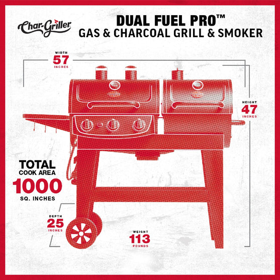 Dual-Fuel Pro™ 3-Burner Gas and Charcoal Grill and Smoker Spec Image