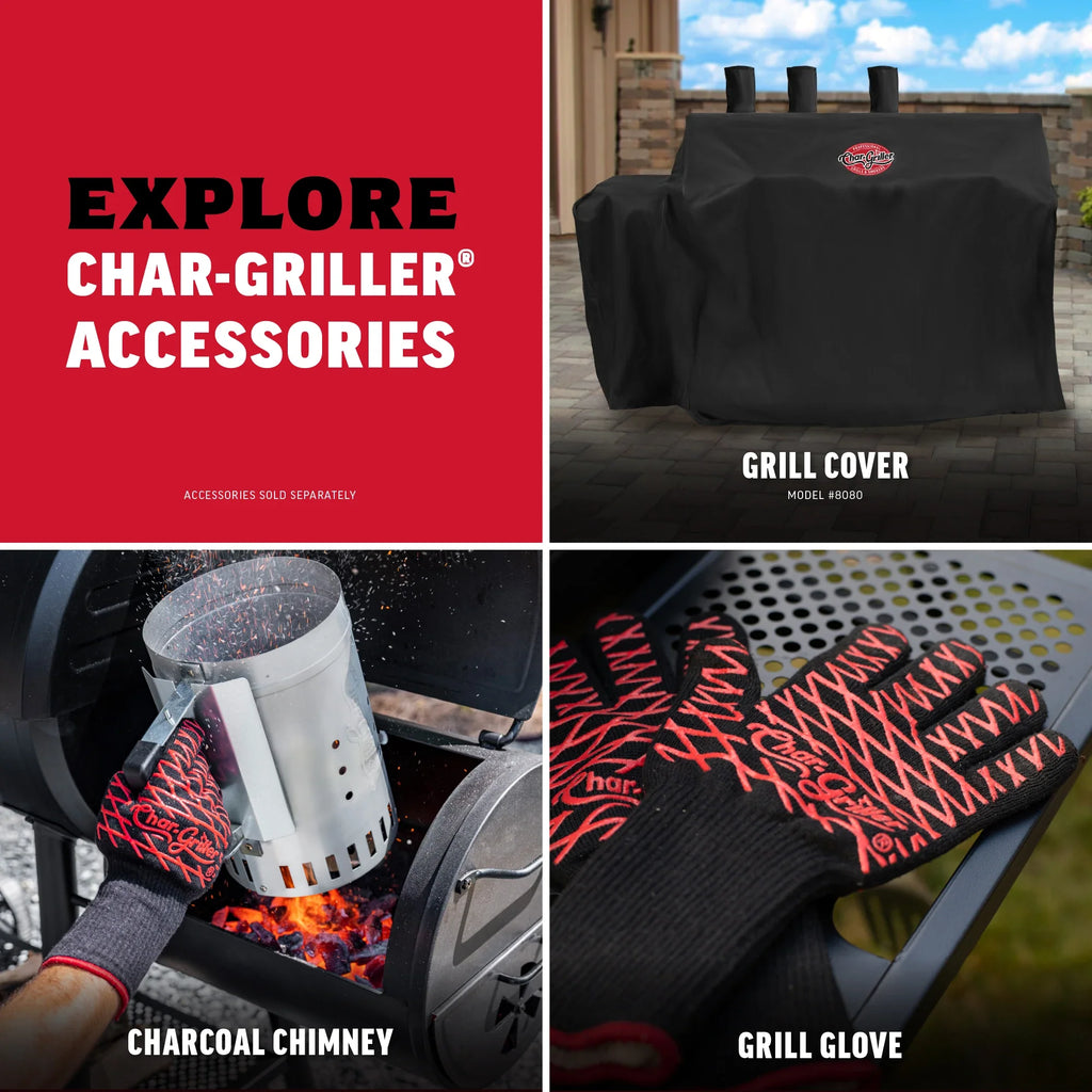 Explore Char-Griller accessories (sold separately) Grill Cover 8080, Charcoal Chimney, Grill Glove