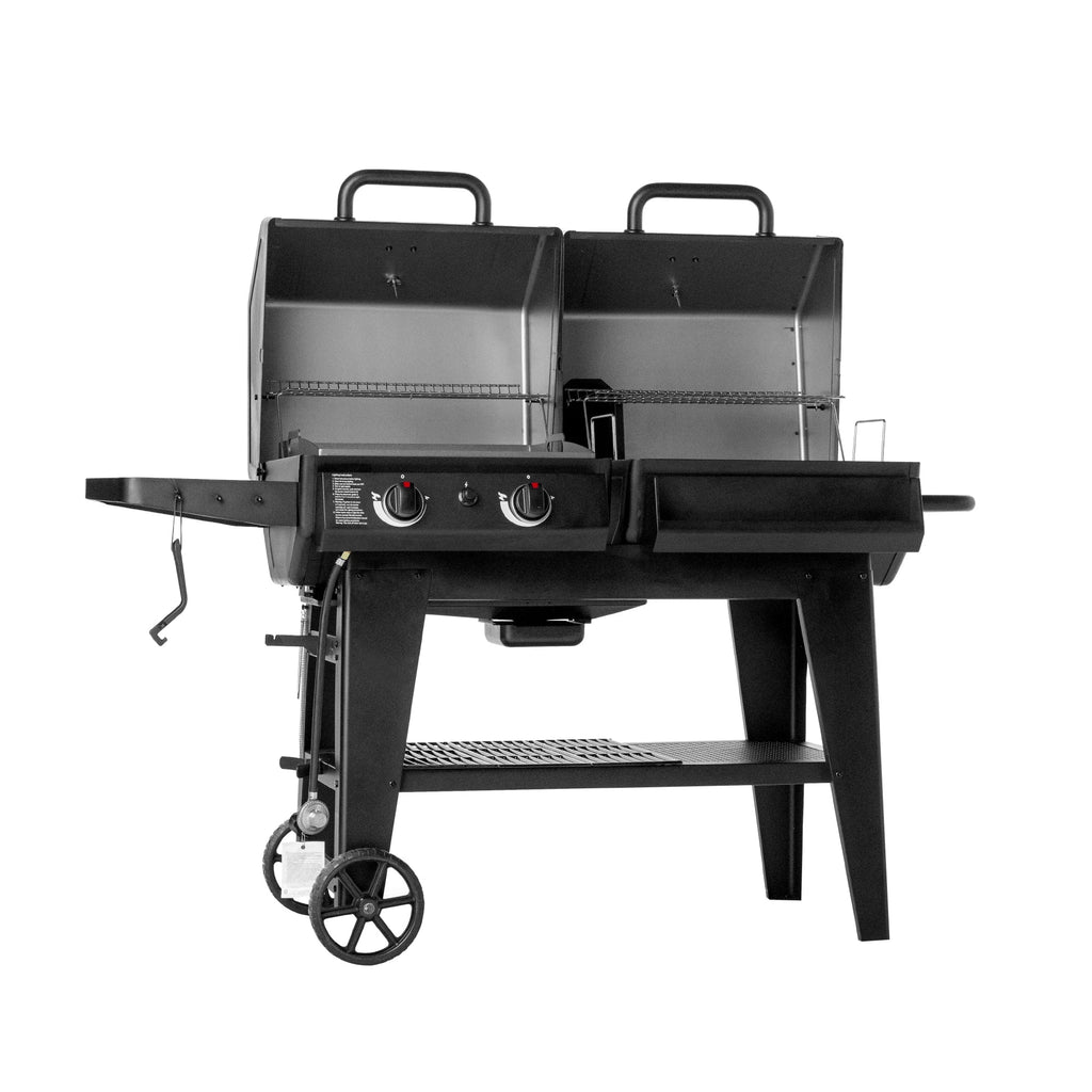 The grill with both lids open. The view is tilted slightly so the gas connection on the left is more visible.