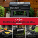 FlexFuel Gas & Charcoal Grill: Gas and charcoal grilling versatility; Transform your grill into a Texas-style smoker; Adjustable charcoal tray for temperature control