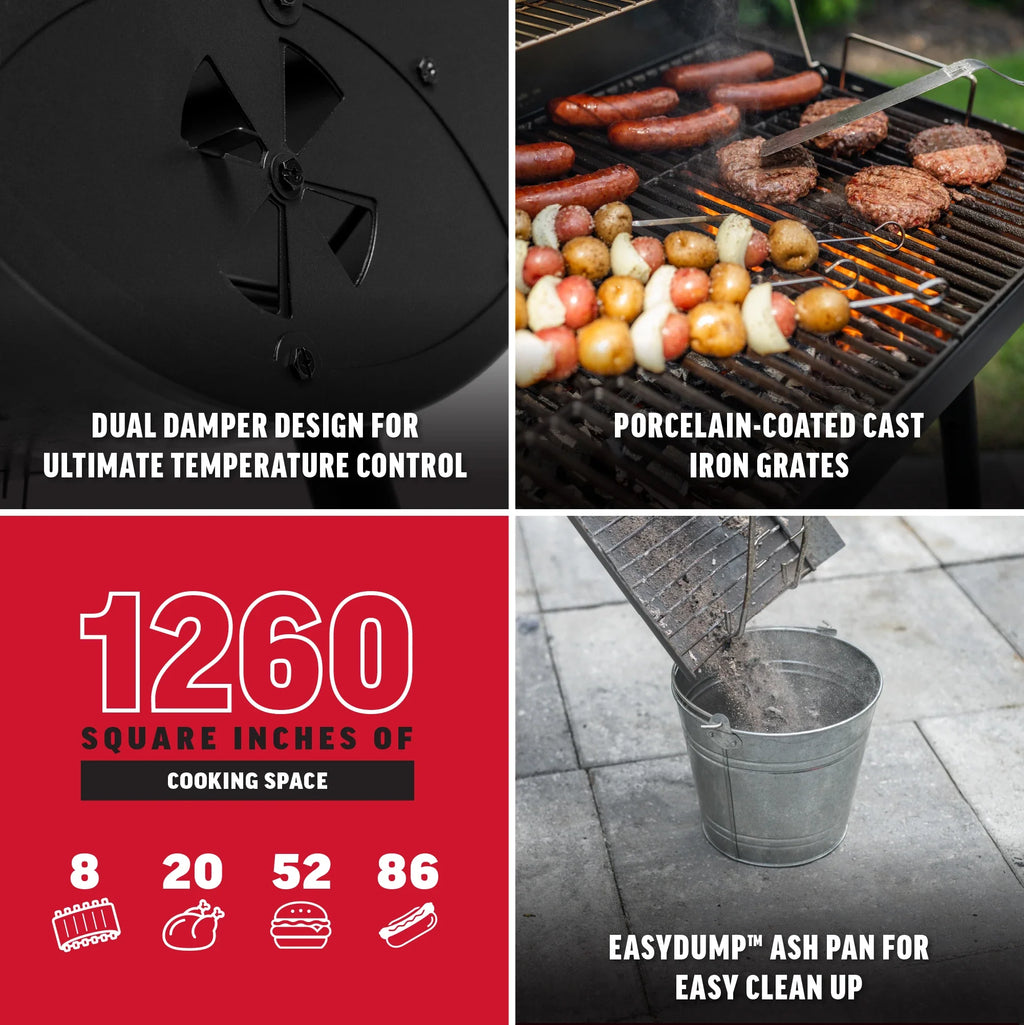 Dual damper design for ultimate temperature control; porcelain-coated cast iron grates, EasyDump Ash pan for easy cleanup. 1260 sq. inches of cooking space that can hold up to 8 racks of ribs, 20 chickens, 52 burgers, or 86 sausages.