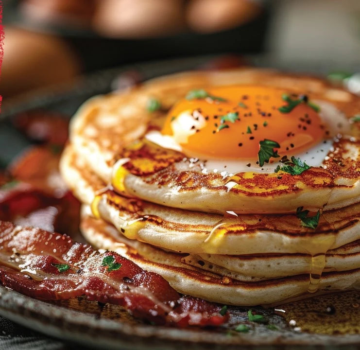 A stack of pancakes topped with a sunny-side-up egg and syrup sits on a plate next to crispy bacon.