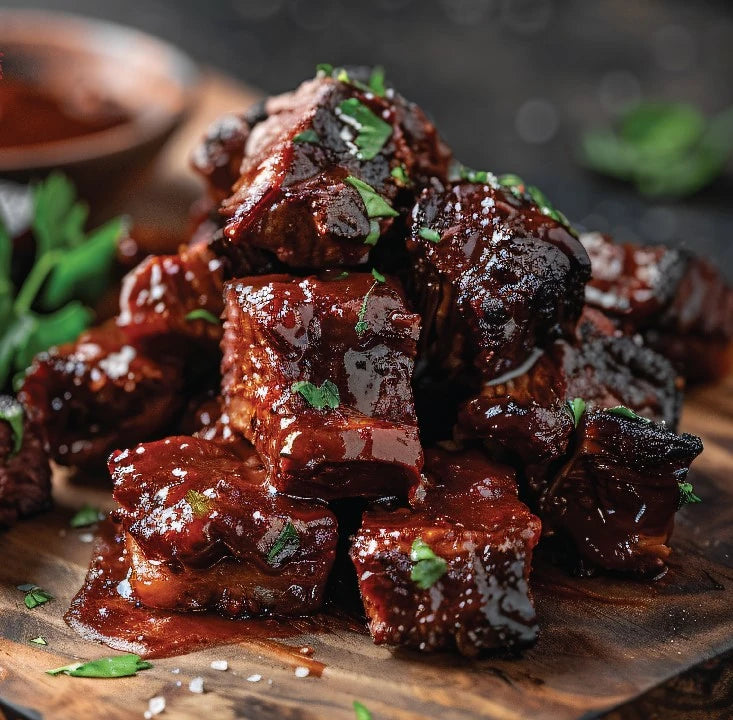 A pile of sauced brisket burnt ends sprinkled with fresh herbs