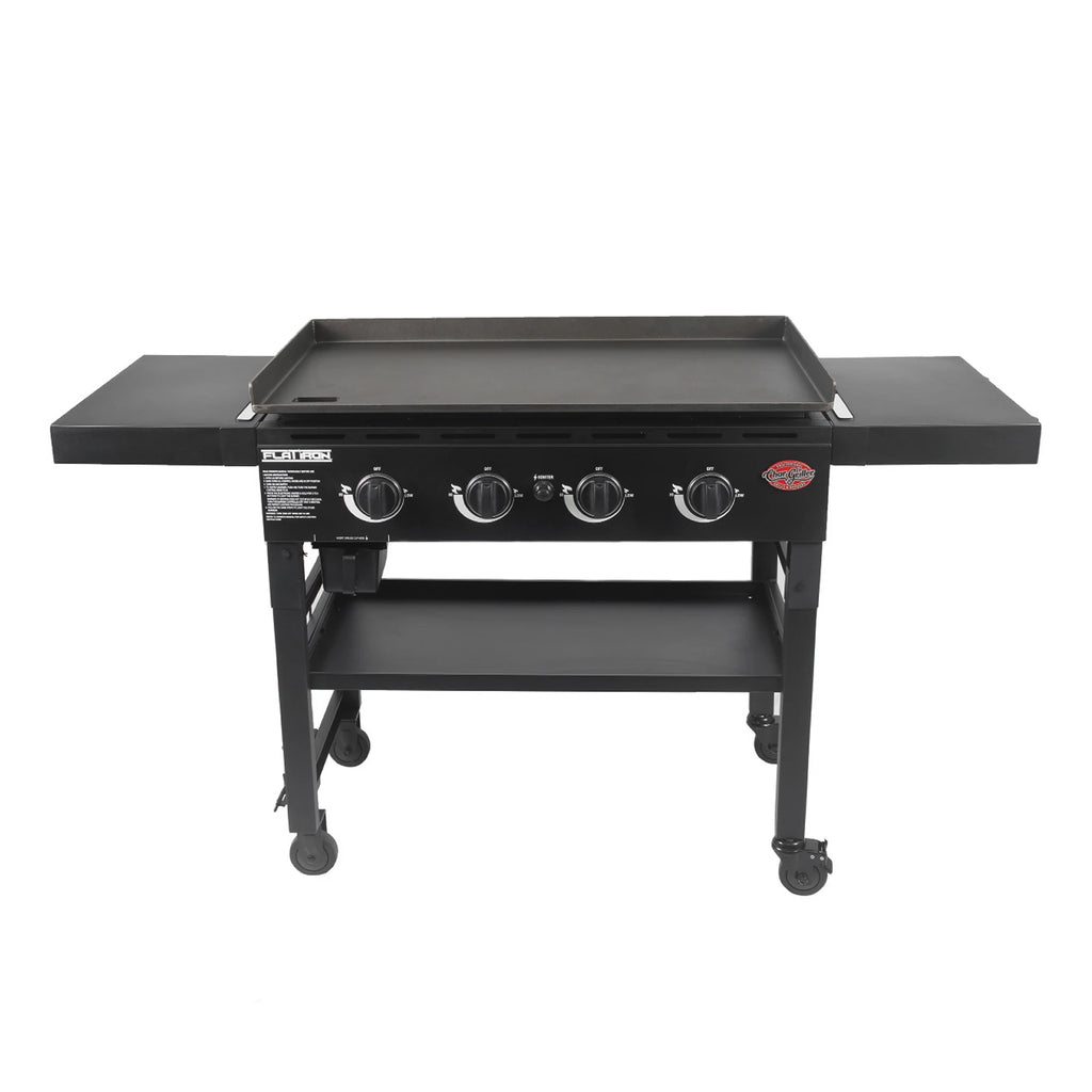 Black 4-burnder griddle on wheeled cart with 2 side shelves. Cart also has a shelf below the griddle. The control panel below the griddle has 4 burner control knobs and the Char-Grill logo.