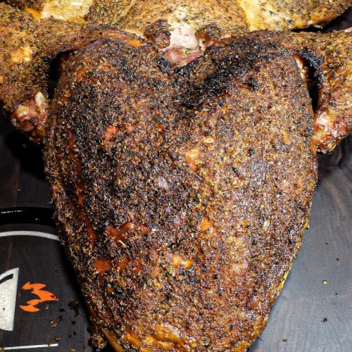 Extreme closeup of the breast of a cooked frog-style turkey